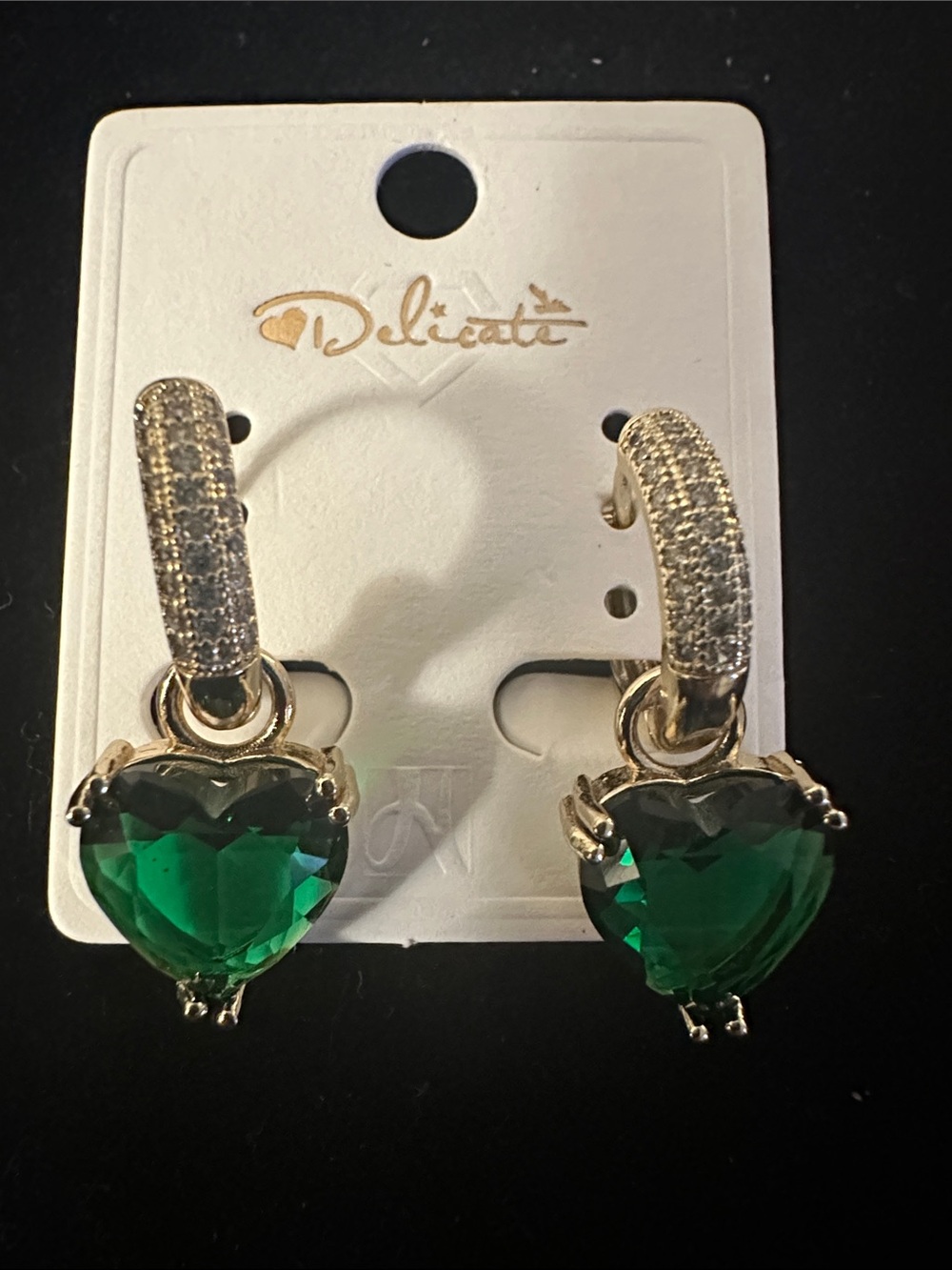 delicates Gold Hoop Earrings with diamond accents and  Green Heart Drops - Picture 2 of 5